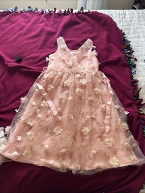 Pink Floral Appliqué Girls' Party Dress
